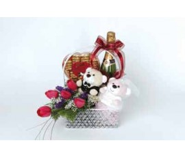 Wine Chocolate Bear With Flower Arrangement